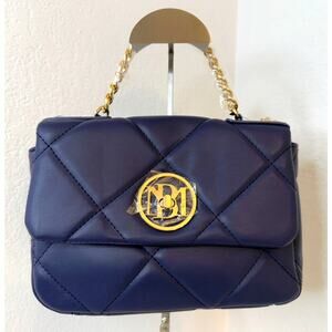 BADGLEY MISCHKA Top Handle Handbag Navy Blue Quilted with Letter Lock NWT